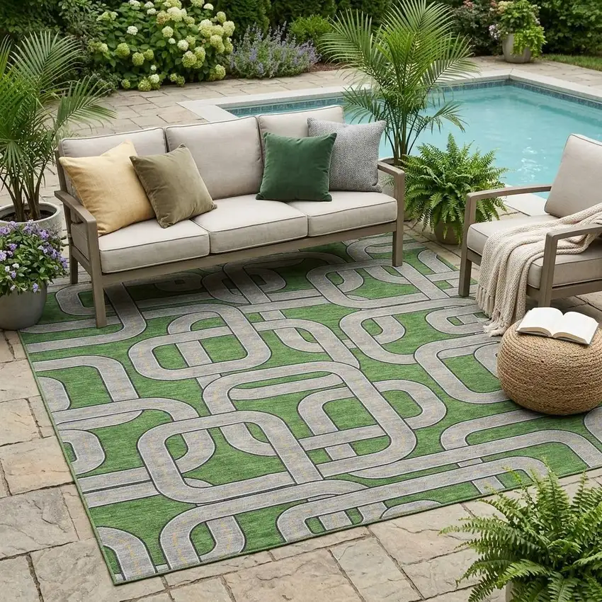 Green And Pewter Geometric Washable Indoor Outdoor Area Rug Photo 1