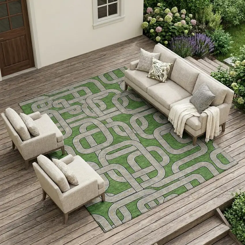 Green And Pewter Geometric Washable Indoor Outdoor Area Rug Photo 1