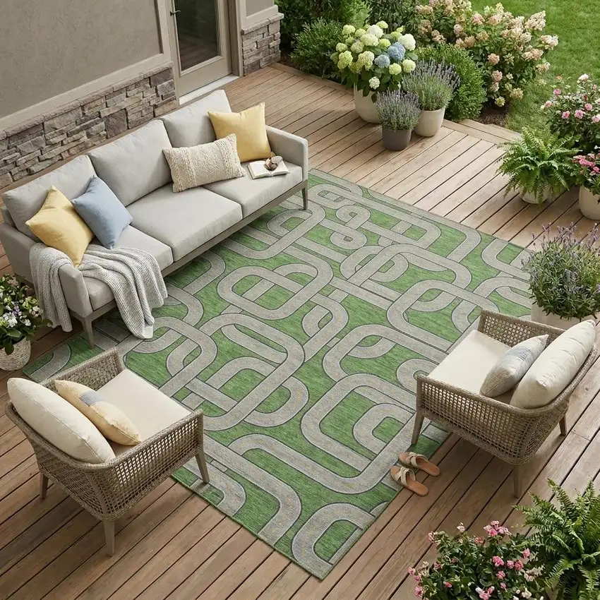 Green And Pewter Geometric Washable Indoor Outdoor Area Rug Photo 1