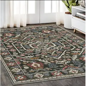 Photo of Green And Pink Floral Area Rug With Fringe