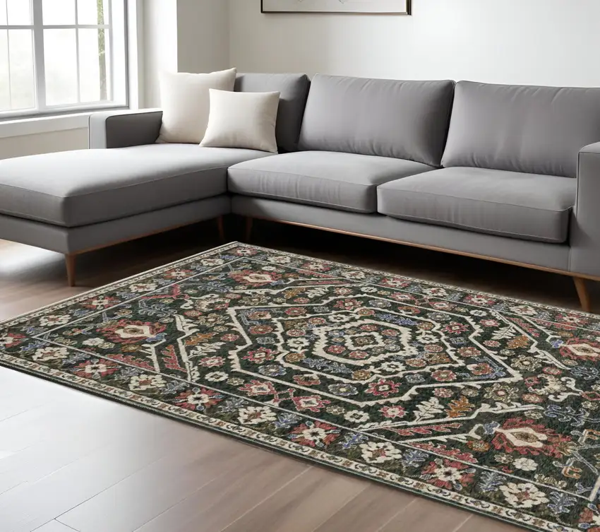 Green And Pink Floral Area Rug With Fringe Photo 1