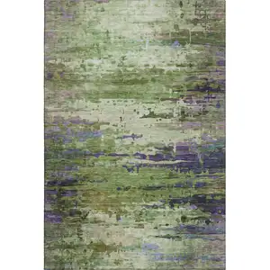 Photo of Green And Purple Abstract Washable Area Rug With UV Protection