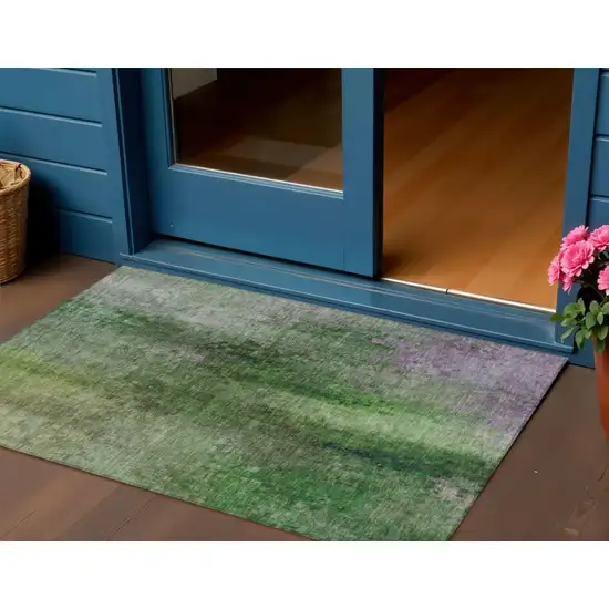 Green And Purple Abstract Washable Indoor Outdoor Area Rug Photo 1