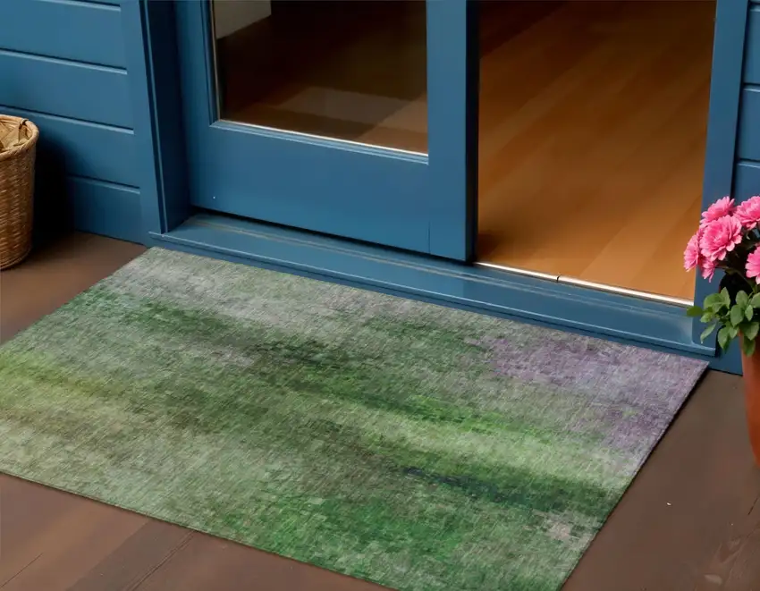 Green And Purple Abstract Washable Indoor Outdoor Area Rug Photo 1