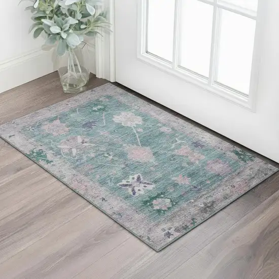 Green And Purple Oriental Washable Area Rug With UV Protection Photo 2