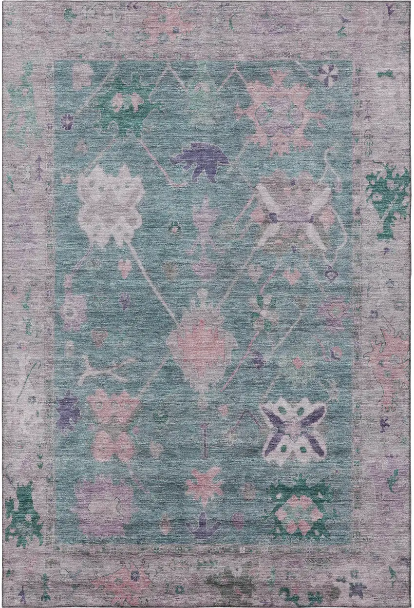Green And Purple Oriental Washable Area Rug With UV Protection Photo 4