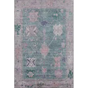 Photo of Green And Purple Oriental Washable Area Rug With UV Protection