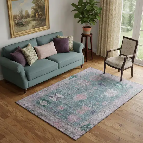 Green And Purple Oriental Washable Area Rug With UV Protection Photo 2