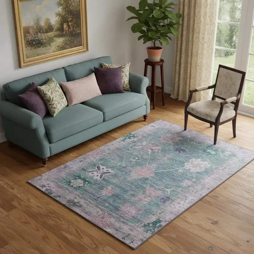 Green And Purple Oriental Washable Area Rug With UV Protection Photo 2