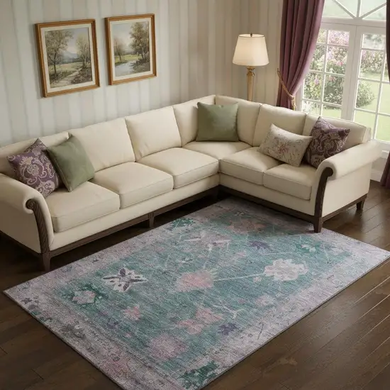 Green And Purple Oriental Washable Area Rug With UV Protection Photo 2