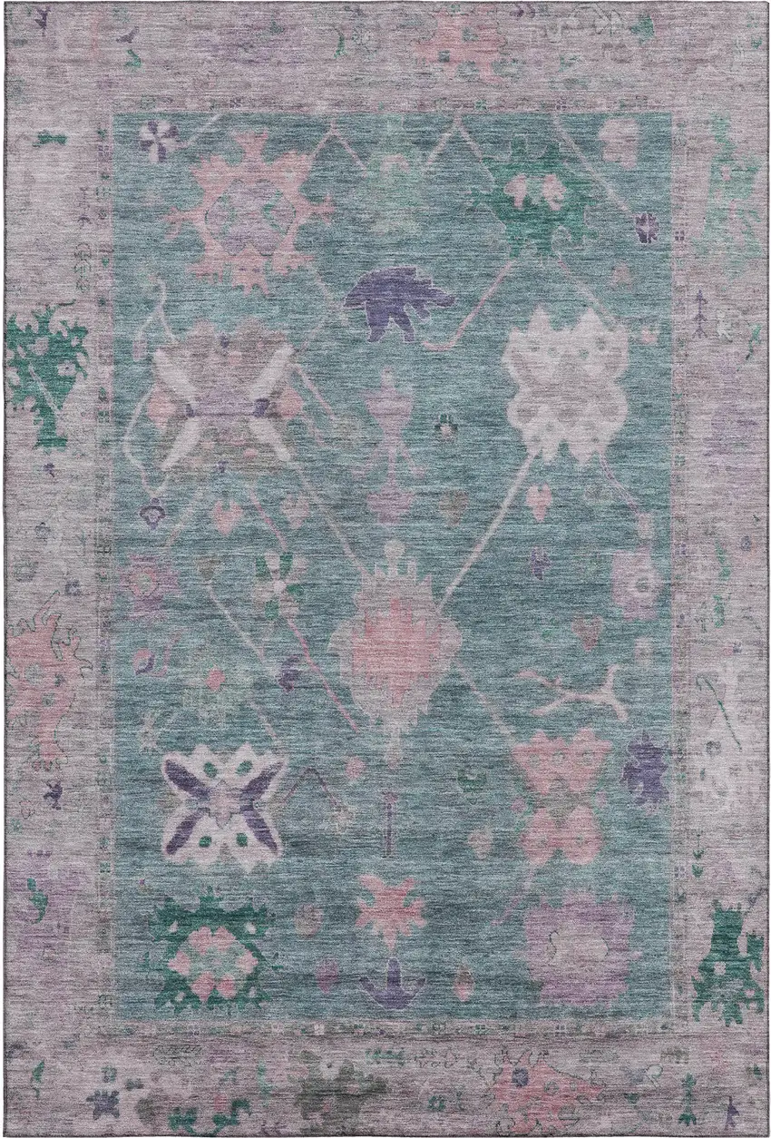 Green And Purple Oriental Washable Area Rug With UV Protection Photo 1