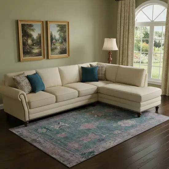 Green And Purple Oriental Washable Area Rug With UV Protection Photo 2