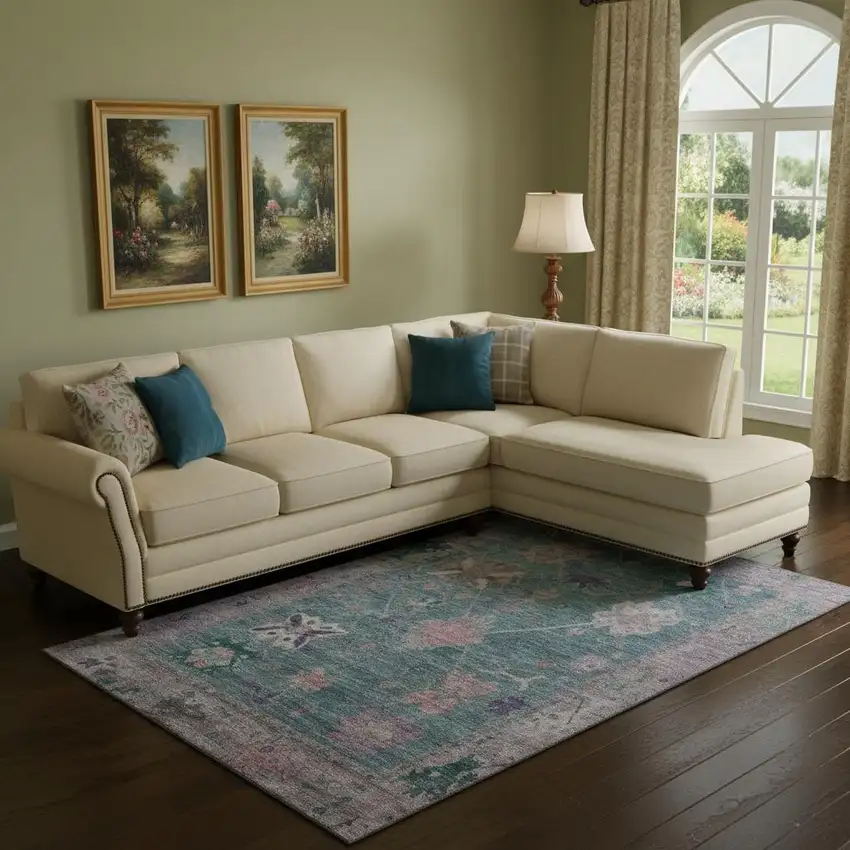 Green And Purple Oriental Washable Area Rug With UV Protection Photo 2