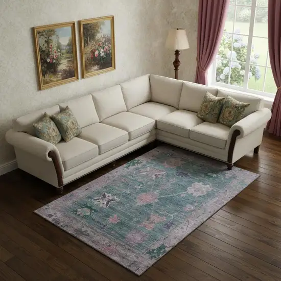 Green And Purple Oriental Washable Area Rug With UV Protection Photo 2