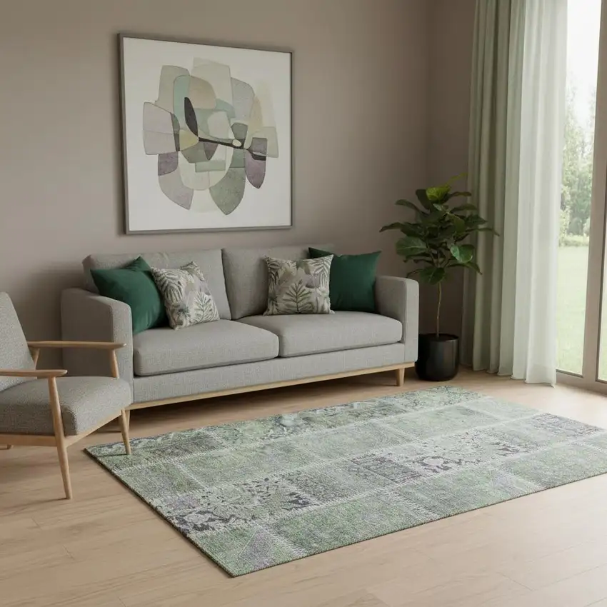 Green And Purple Patchwork Washable Area Rug With UV Protection Photo 1