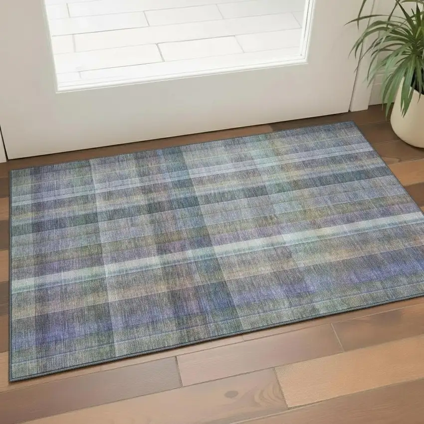 Green And Purple Plaid Washable Area Rug With UV Protection Photo 1