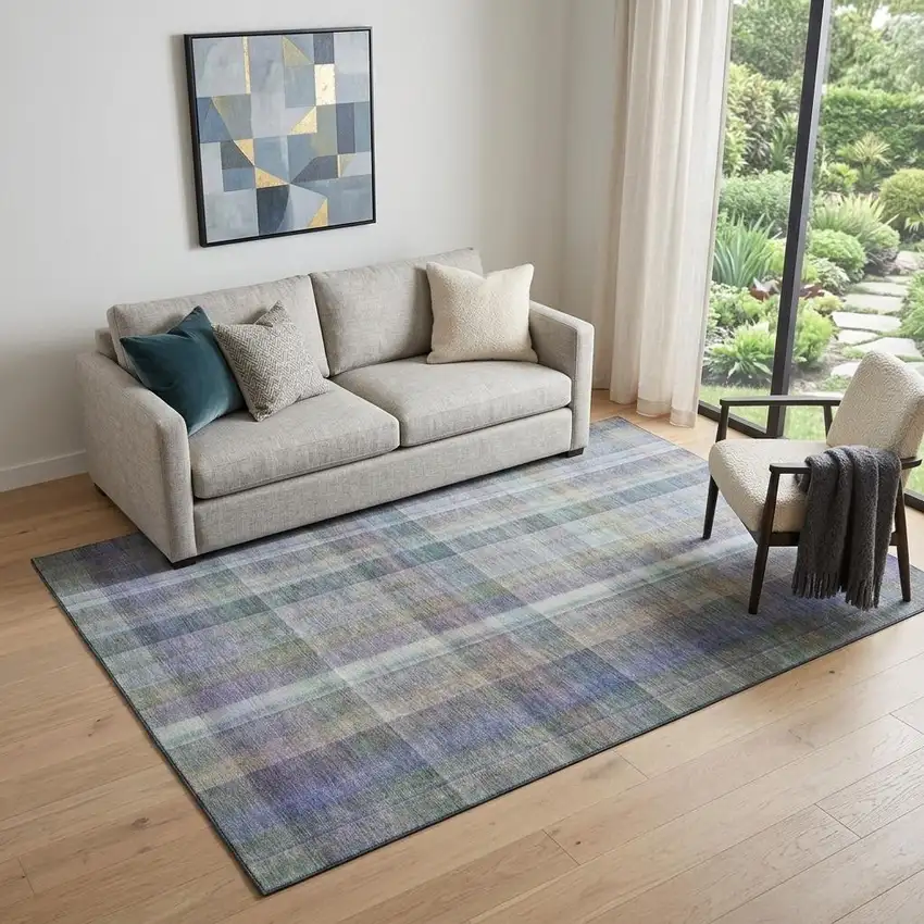 Green And Purple Plaid Washable Area Rug With UV Protection Photo 1