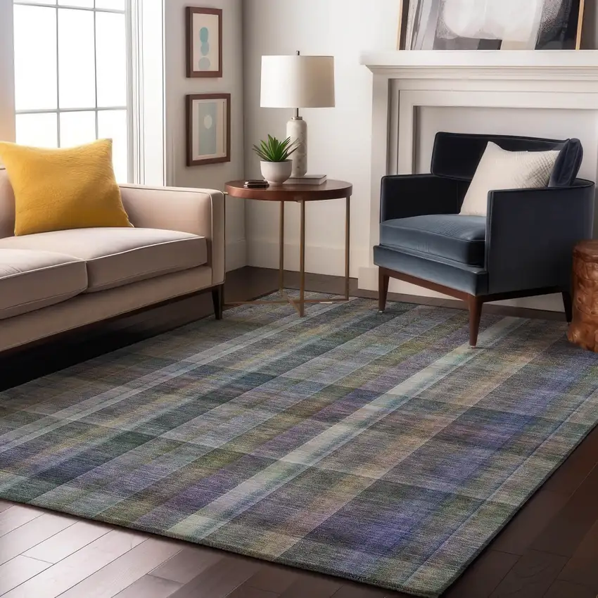 Green And Purple Plaid Washable Area Rug With UV Protection Photo 5