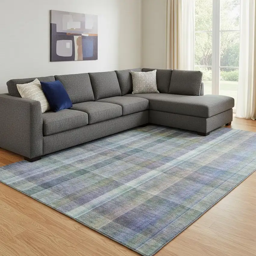 Green And Purple Plaid Washable Area Rug With UV Protection Photo 1