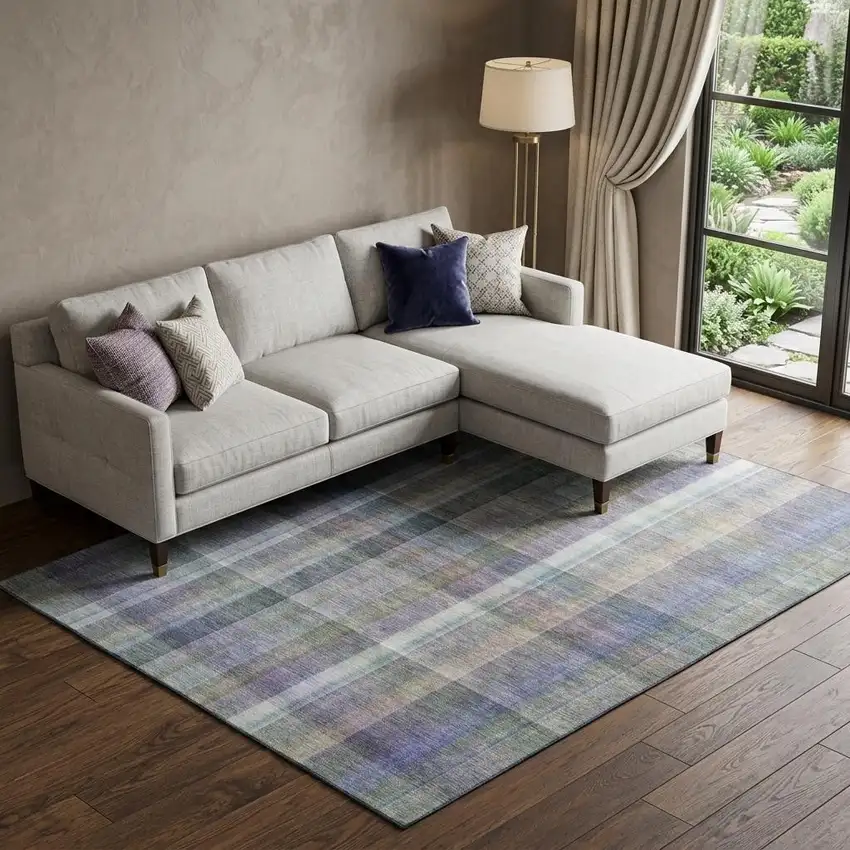 Green And Purple Plaid Washable Area Rug With UV Protection Photo 1