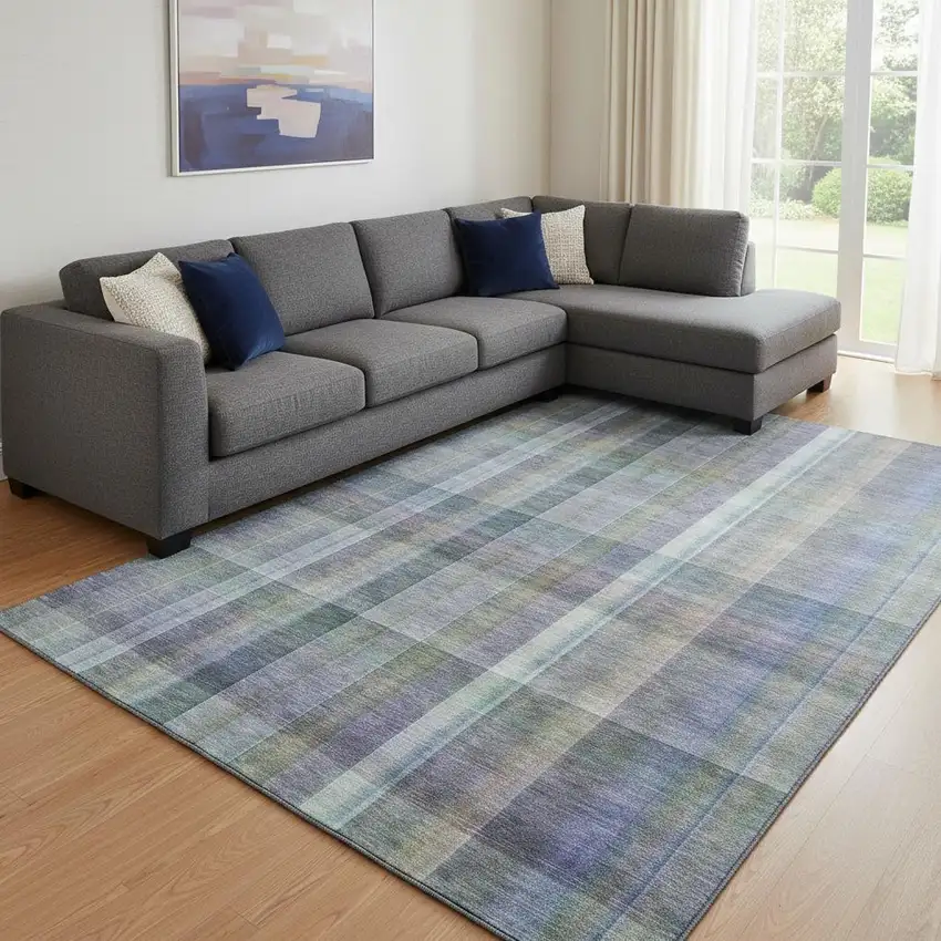 Green And Purple Plaid Washable Area Rug With UV Protection Photo 2