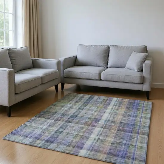 Green And Purple Plaid Washable Area Rug With UV Protection Photo 2