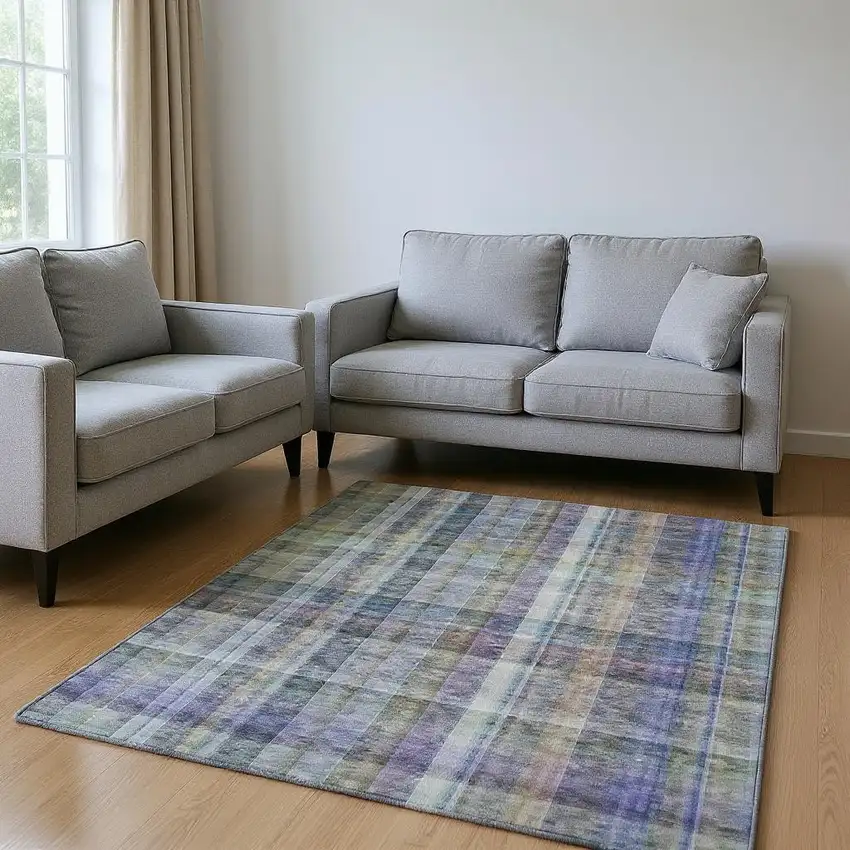 Green And Purple Plaid Washable Area Rug With UV Protection Photo 2