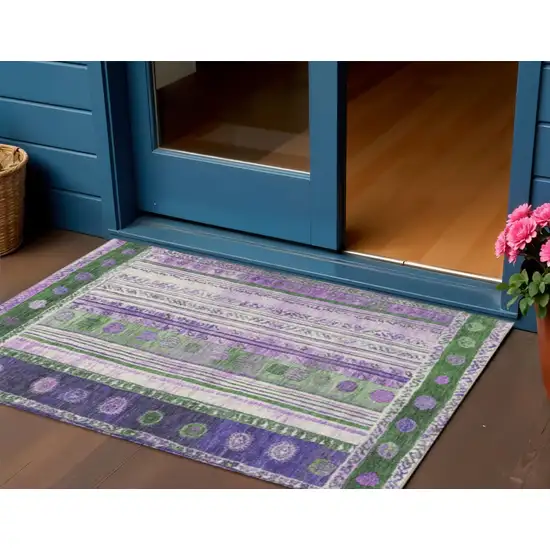 Green And Purple Striped Washable Indoor Outdoor Area Rug Photo 2