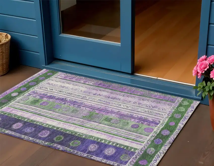 Green And Purple Striped Washable Indoor Outdoor Area Rug Photo 2