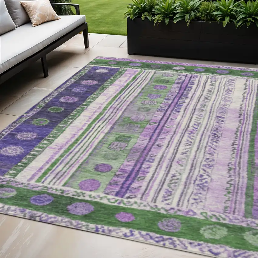Green And Purple Striped Washable Indoor Outdoor Area Rug Photo 2