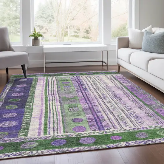 Green And Purple Striped Washable Indoor Outdoor Area Rug Photo 7