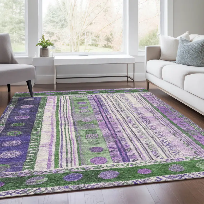 Green And Purple Striped Washable Indoor Outdoor Area Rug Photo 7