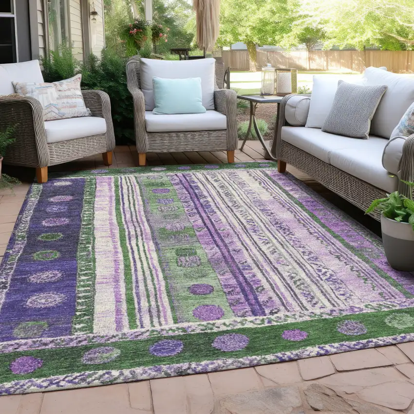Green And Purple Striped Washable Indoor Outdoor Area Rug Photo 5