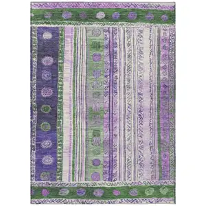 Photo of Green And Purple Striped Washable Indoor Outdoor Area Rug
