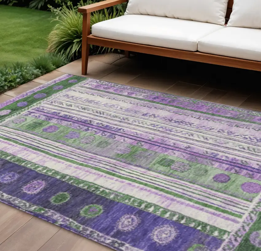 Green And Purple Striped Washable Indoor Outdoor Area Rug Photo 2