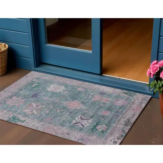 Green And Purple Tribal Washable Indoor Outdoor Area Rug Photo 2