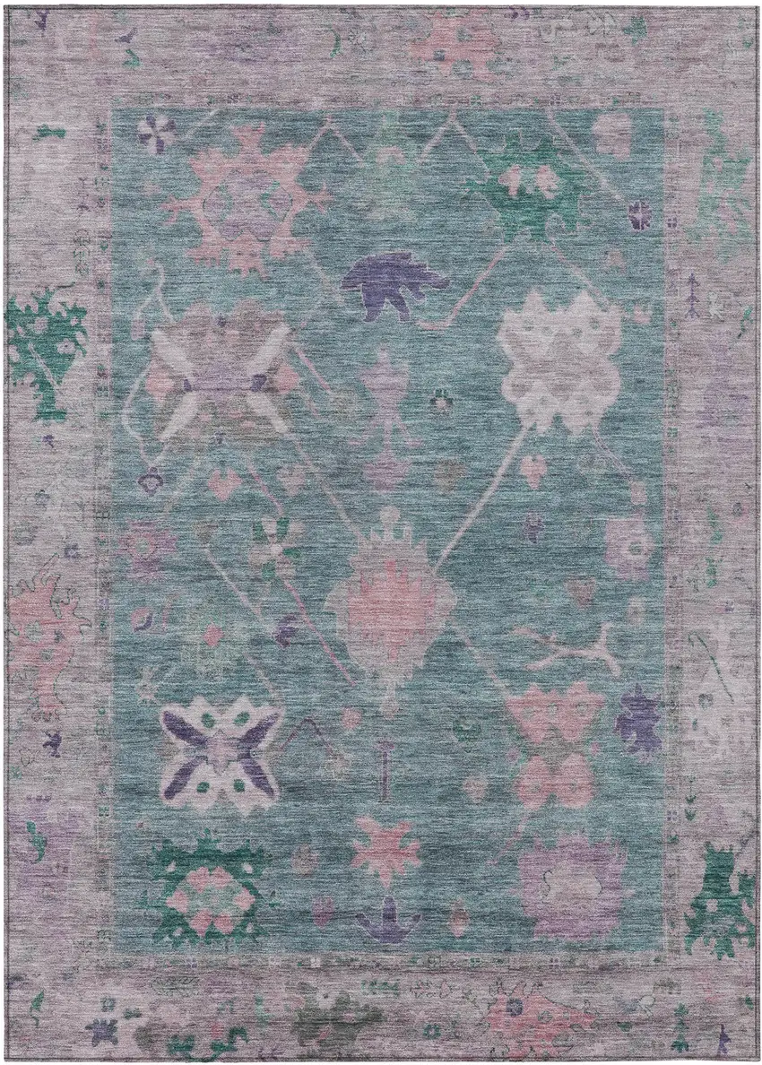 Green And Purple Tribal Washable Indoor Outdoor Area Rug Photo 1