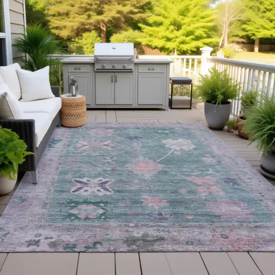 Green And Purple Tribal Washable Indoor Outdoor Area Rug Photo 5