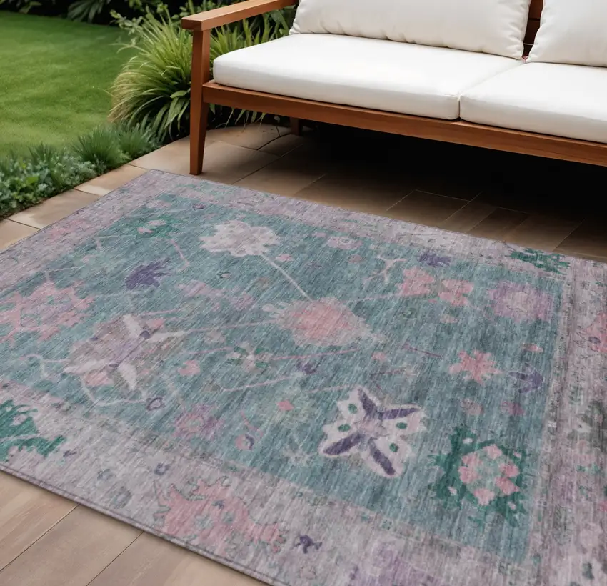 Green And Purple Tribal Washable Indoor Outdoor Area Rug Photo 2