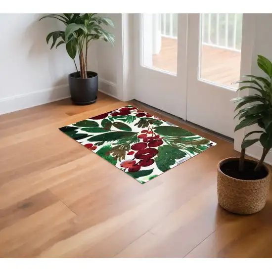 Green And Red Christmas Floral Washable Area Rug With UV Protection Photo 1