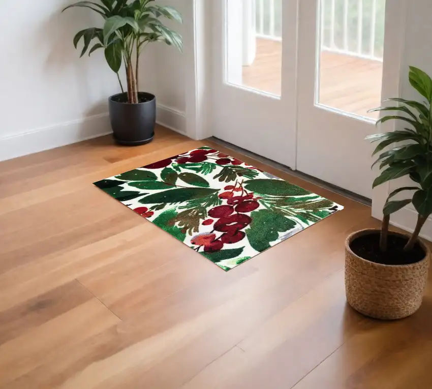 Green And Red Christmas Floral Washable Area Rug With UV Protection Photo 1