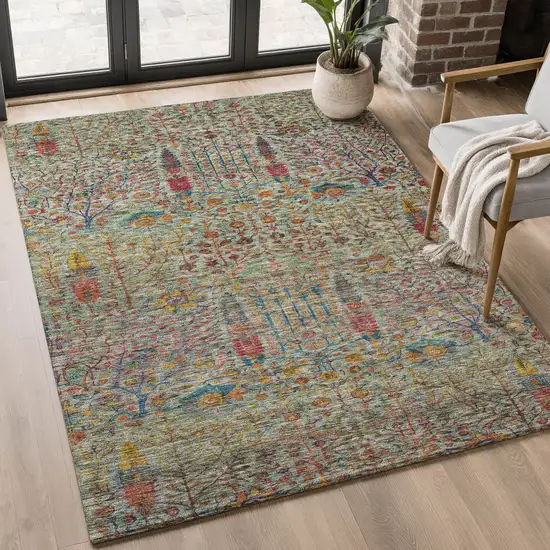 Green And Red Floral Vines Washable Area Rug With UV Protection Photo 5