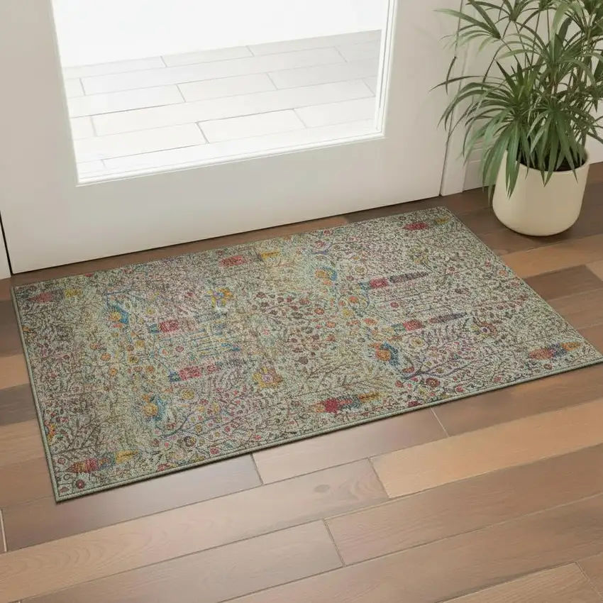 Green And Red Floral Vines Washable Area Rug With UV Protection Photo 2