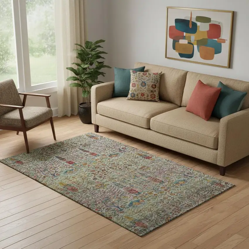 Green And Red Floral Vines Washable Area Rug With UV Protection Photo 2