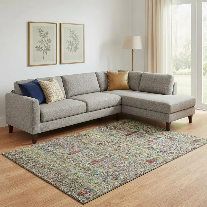 Green And Red Floral Vines Washable Area Rug With UV Protection Photo 2