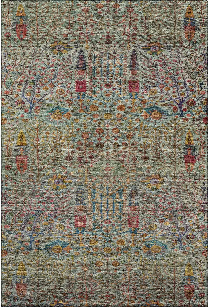 Green And Red Floral Vines Washable Area Rug With UV Protection Photo 1