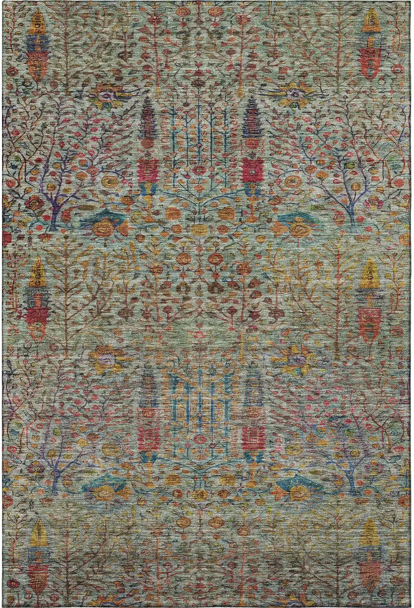 Green And Red Floral Vines Washable Area Rug With UV Protection Photo 4