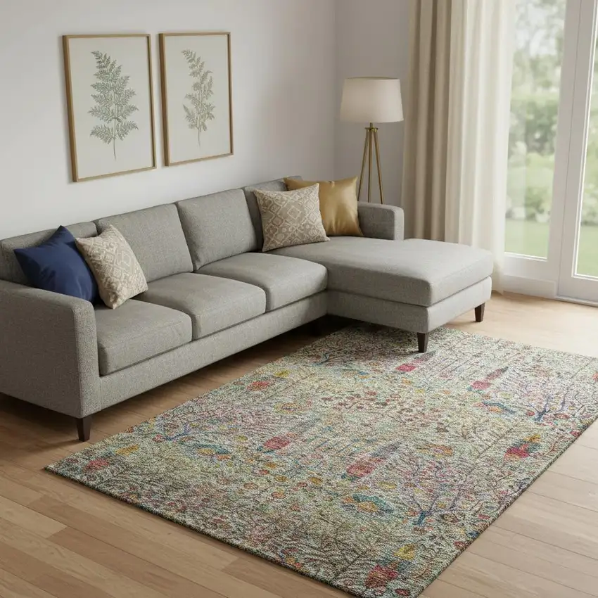 Green And Red Floral Vines Washable Area Rug With UV Protection Photo 2