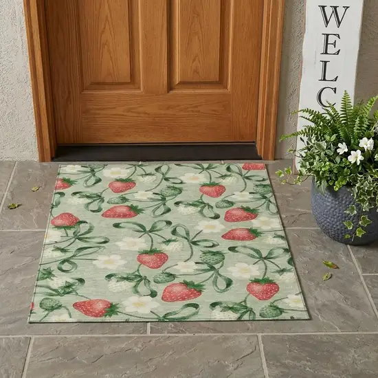 Green And Red Floral Washable Indoor Outdoor Area Rug Photo 1