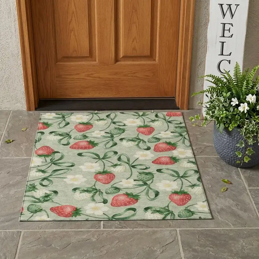 Green And Red Floral Washable Indoor Outdoor Area Rug Photo 1